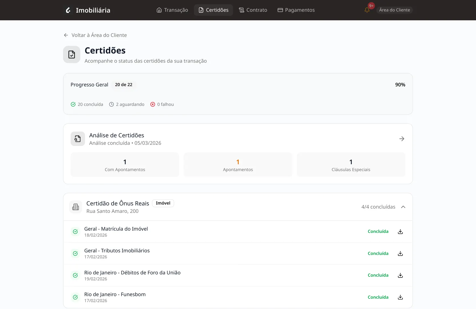 Área do Cliente — certidões e progresso