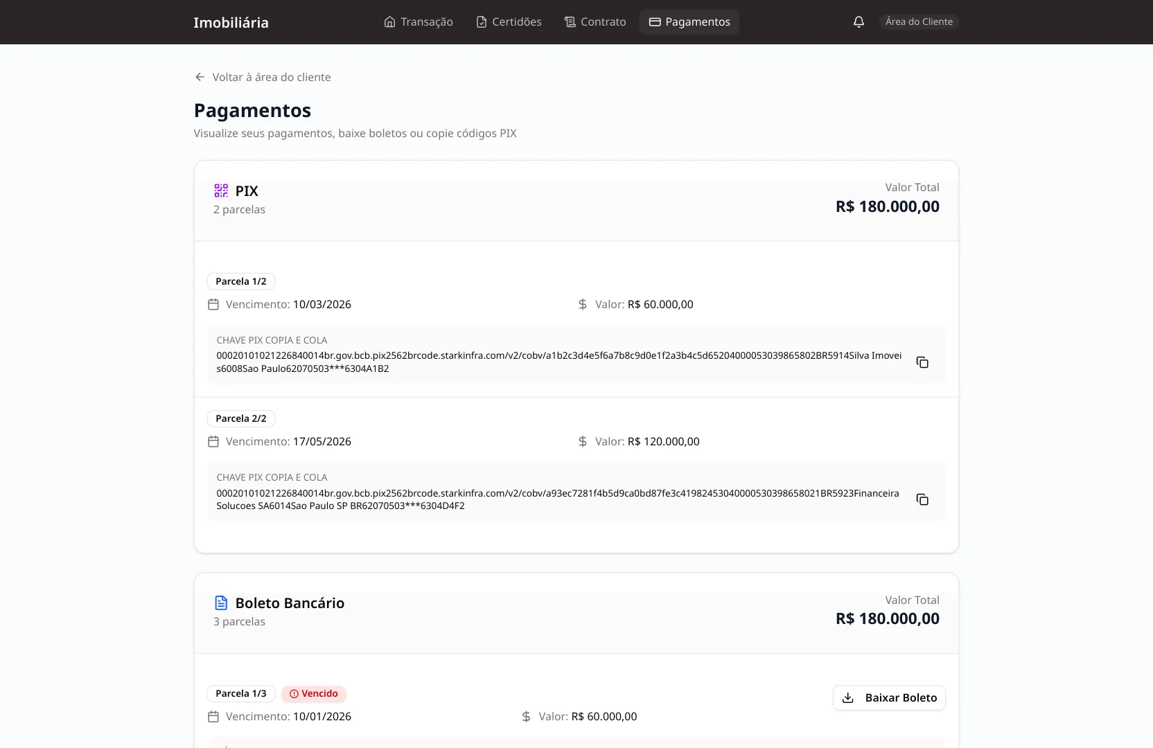 Área do Cliente — pagamentos, boletos e PIX